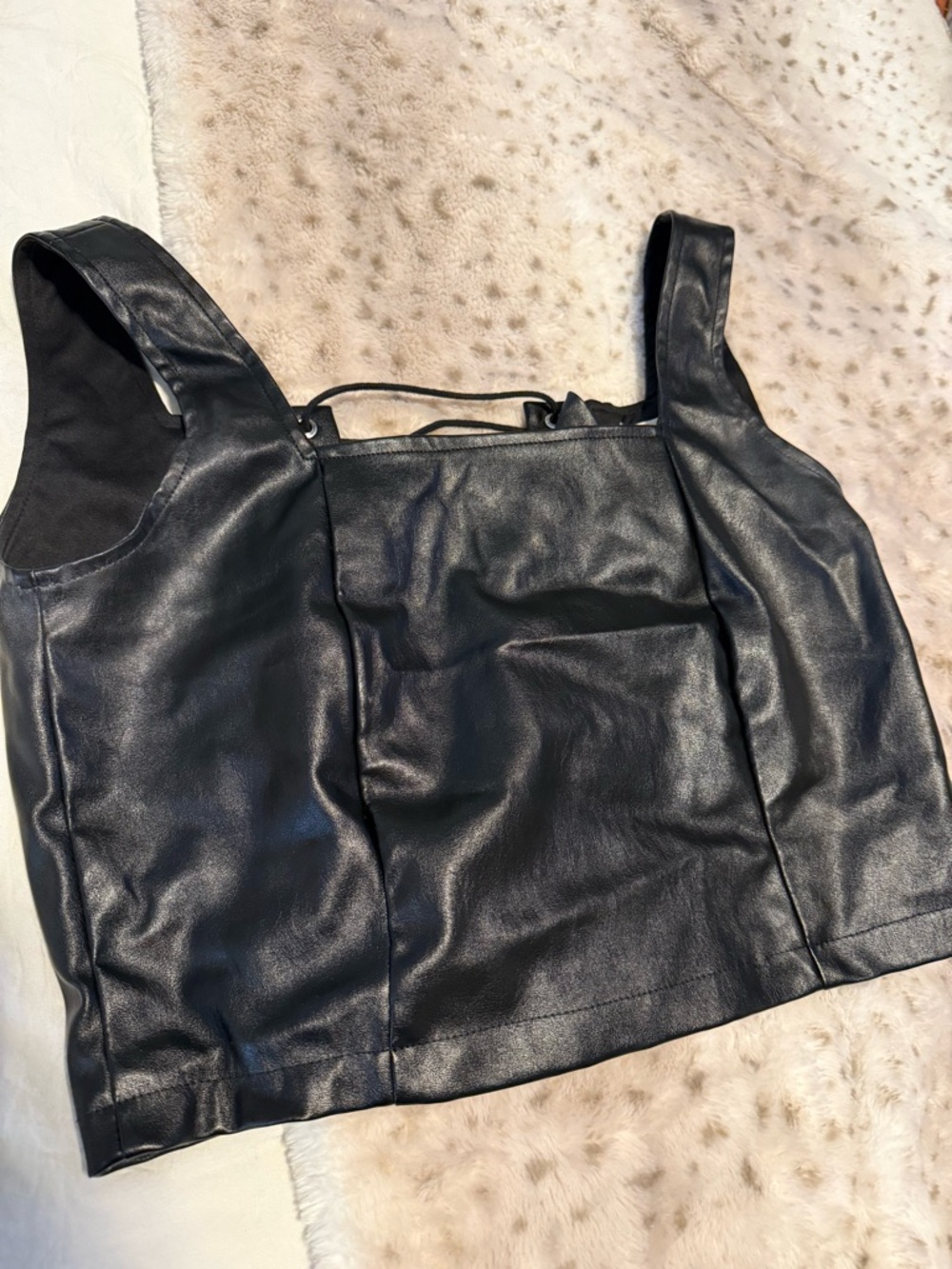 Black Faux Leather Square-Neck Crop Top